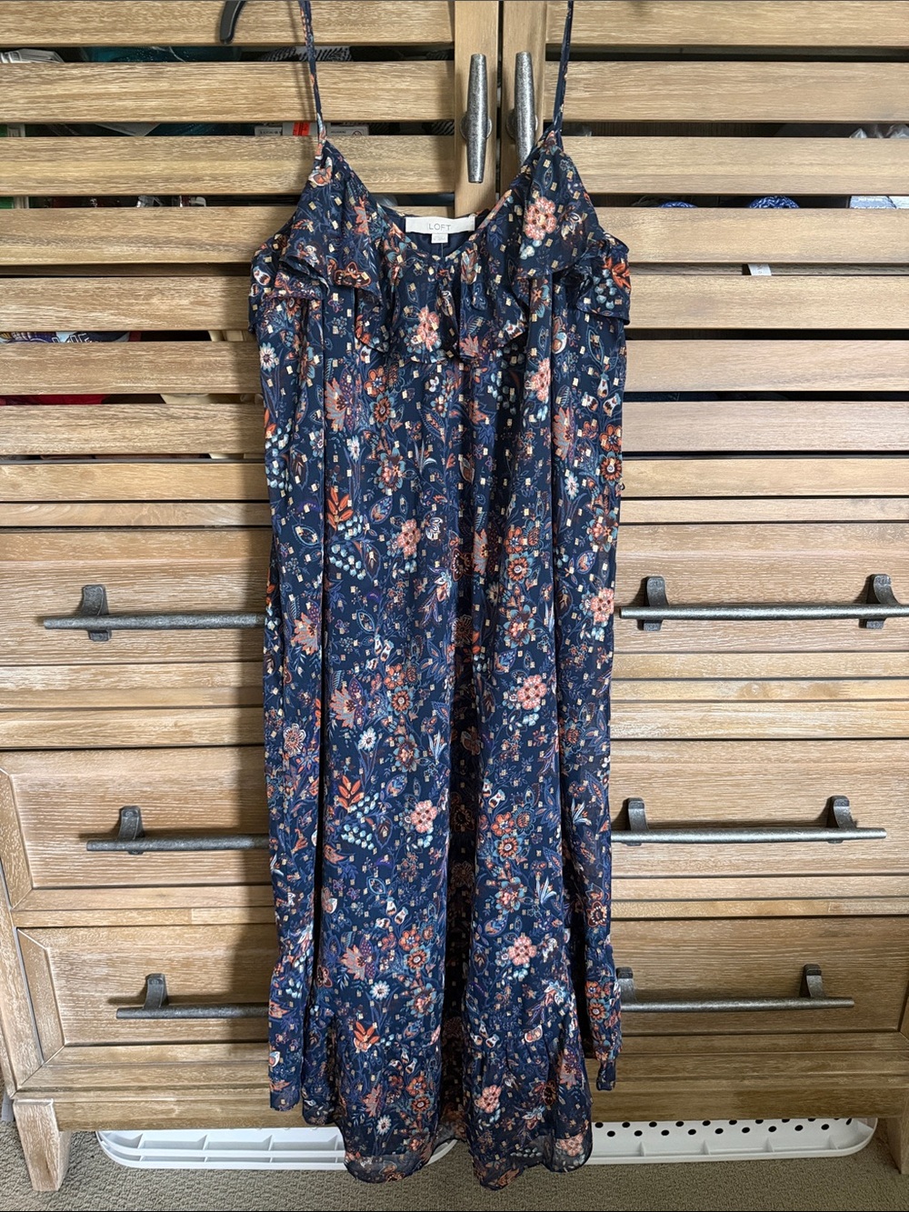 LOFT Navy Floral Maxi Slip Dress with Ruffle Neckline